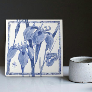 Carreau Papier peint papillon bleu Art nouveau lys