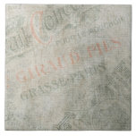 Carreau Papier Vintage défraîchi Collage publicitaire pari<br><div class="desc">Un collage de parchemin publicitaire vintage paris. Ces publicités sont écrites dans des polices élégantes fantaisie et apparaissent défraîchies et portées. La texture semble vieille et patinée dans les tons gris,  vert et corail orange pâle. Un style chic et tendance.</div>