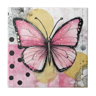 Carreau Papillon aquarelle rose art boho nature