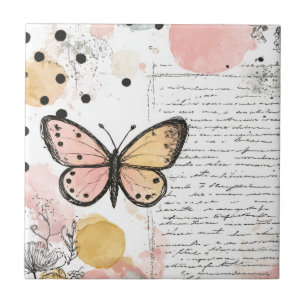 Carreau Papillon aquarelle rose or boho art nature (3)
