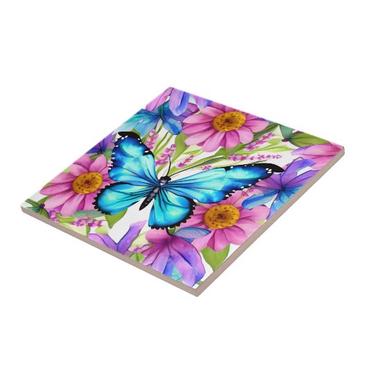 Carreau Papillon bleu dans un champ de fleurs (Côté)