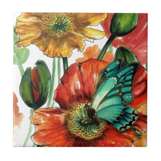 Carreau Papillon bleu sur des pavots (Devant)
