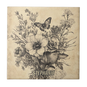 Carreau Papillon botanique antique Herbier Sépia