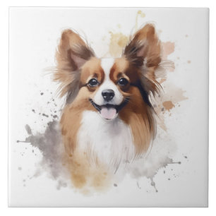 Carreau Papillon Chien Brun et Blanc Aquarelle