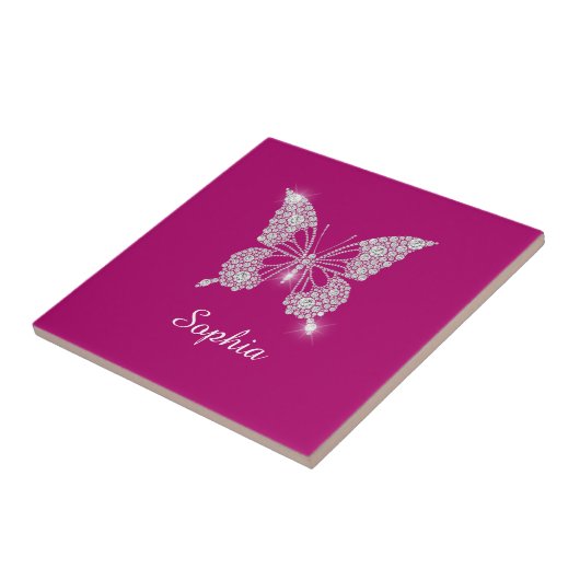 Carreau Papillon Diamant Blanc, Nom du script, Fuchsia pro (Côté)