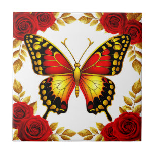 Carreau Papillon Doré Avec Des Roses Rouges Et Des Feuille