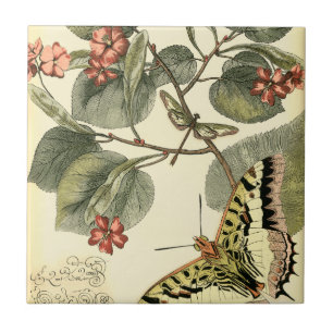 Carreau Papillon et libellule avec les fleurs rouges
