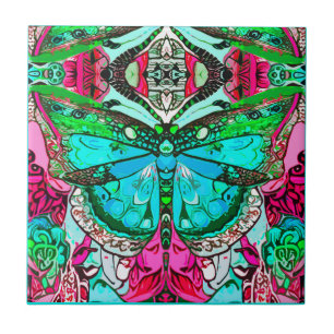 Carreau Papillon et Motif Batik de Médaillon en Turquoise