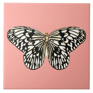 Carreau Papillon noir et blanc, arrière - plan rose corai