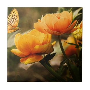 Carreau Papillon orange et fleurs