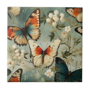 Carreau Papillon orange sarcelle antique sur fleur blanche