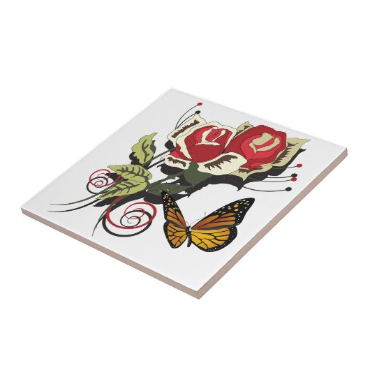 Carreau Papillon rose rouge fleurs nature art (Côté)