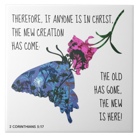 Carreau Papillon sur Fleur, vers de 2 Corinthiens 5:17 (Devant)