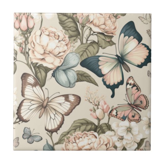 Carreau Papillons et fleurs pastel (Devant)