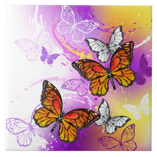 Carreau Papillons Monarque sur Arrière - plan pourpre (Devant)