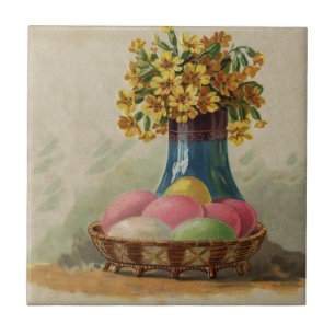 Carreau Pâques Panier Œufs Fleurs Antique