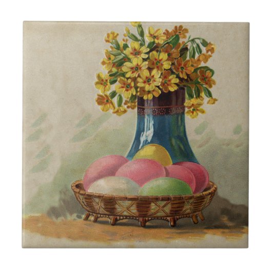 Carreau Pâques Panier Œufs Fleurs Antique (Devant)