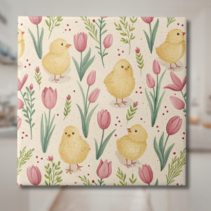 Carreau Pâques vintage poussins jaunes mignons tulipes rou