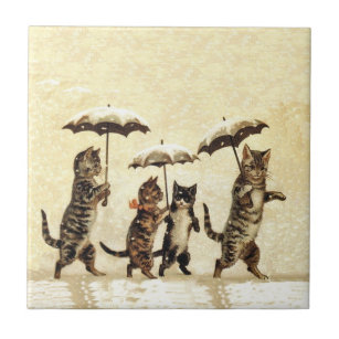 Carreau Parapluies rayés vintages de chats dansant la