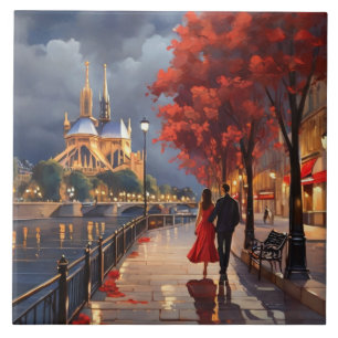 Carreau Paris Amour: Couple romantique près de Seine Notre