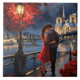 Carreau Paris Amour: Couple romantique Seine Rivière Notre