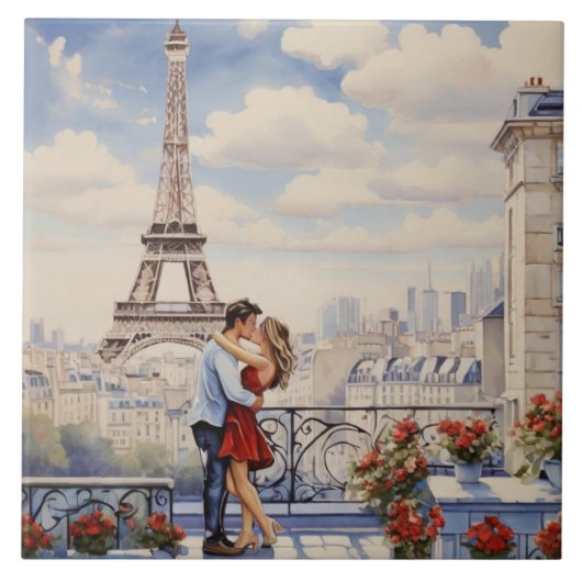 Carreau Paris Love: Romantic Couple Eiffel Tower Balcony (Devant)