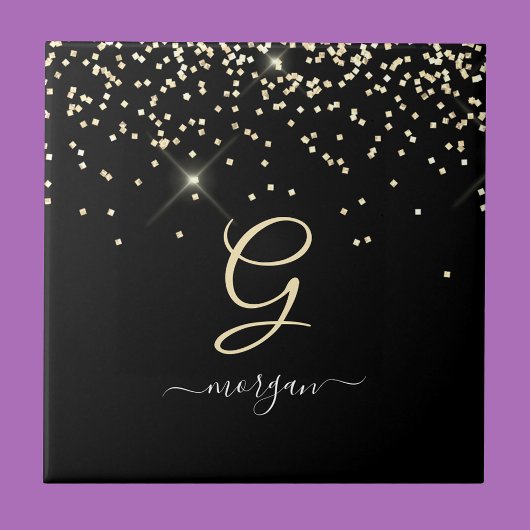 Carreau Parties scintillant or & Monogramme Nom de script 