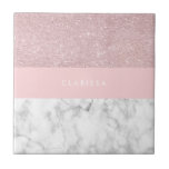 Carreau Parties scintillantes roses girly élégantes d'or<br><div class="desc">Parties scintillantes roses d'or de faux géométrique élégant et élégant,  marbre blanc et bloc rose de couleur.</div>