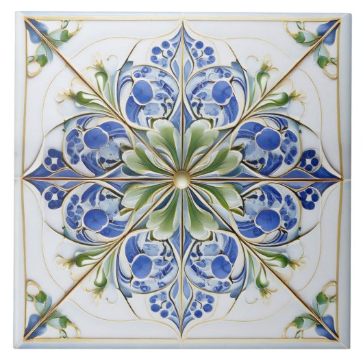 Carreau Pat en tuiles florales classique n° 13 bleu vert I (Devant)