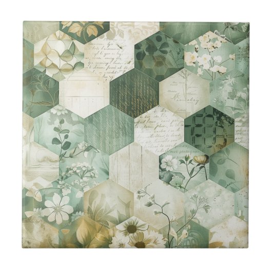 Carreau Patchwork botanique hexagonal vintage (Devant)