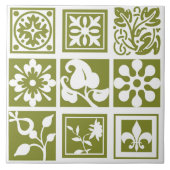 Carreau Patchwork floral, moderne, blanc, vert olive (Devant)