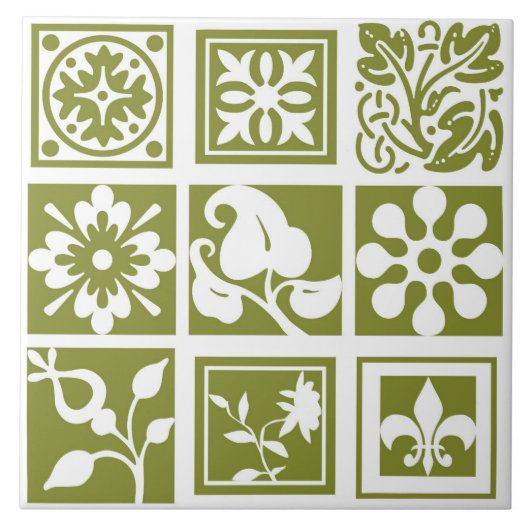 Carreau Patchwork floral, moderne, blanc, vert olive (Devant)