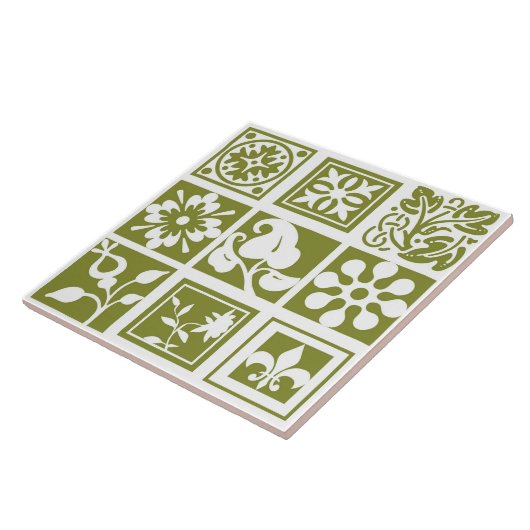 Carreau Patchwork floral, moderne, blanc, vert olive (Côté)