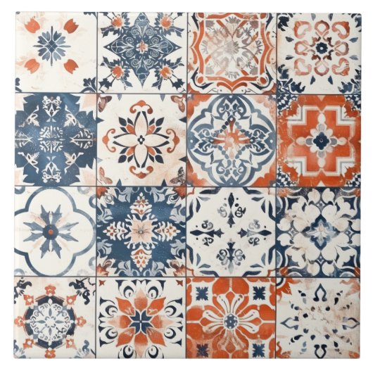 Carreau Patchwork marocain - Boho Blue, Red & Gold (Devant)