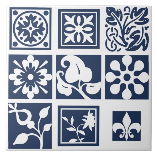 Carreau Patchwork moderne, floral, blanc, bleu marine (Devant)