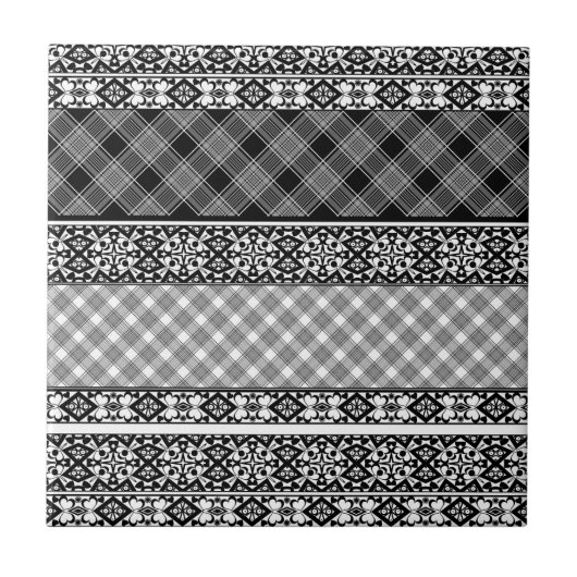 Carreau Patchwork rayé noir et blanc avec dentelle (Devant)
