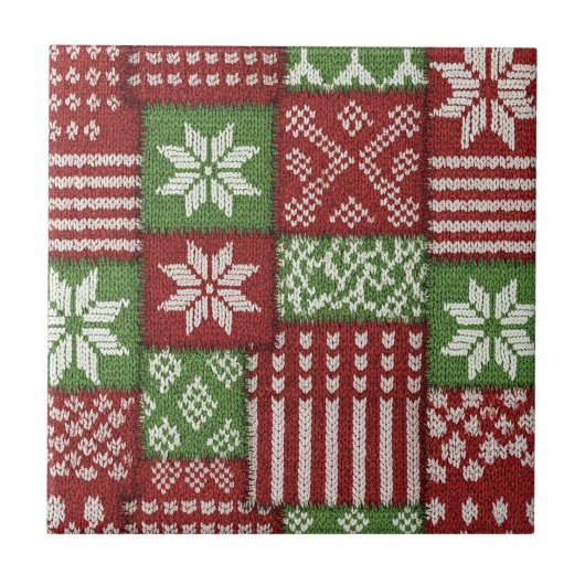 Carreau Patchwork tricoté classique de Noël - Rouge, Vert (Devant)