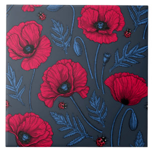 Carreau Pavot rouge et coccinelle bleu foncé