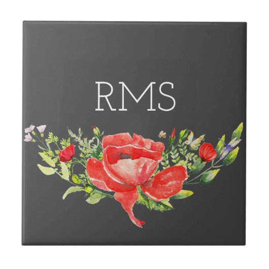 Carreau Pavot rouge sur gris Monogramme personnalisable (Devant)