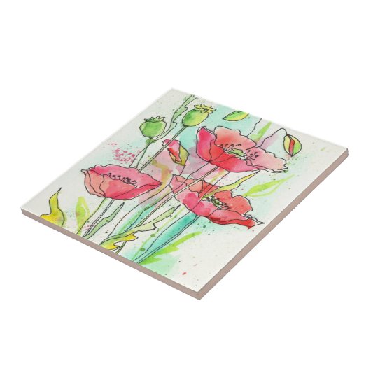 Carreau Pavots peints d'aquarelle (Côté)