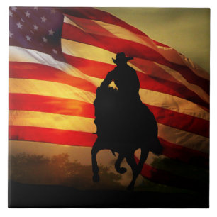 Carreau Pays Western Cowboy et cheval avec drapeau