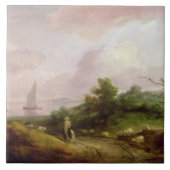 Carreau Paysage côtier avec un berger et son troupeau, c (Devant)