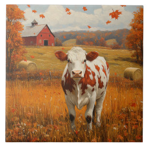 Carreau Paysage de ferme automnal avec vache laitière