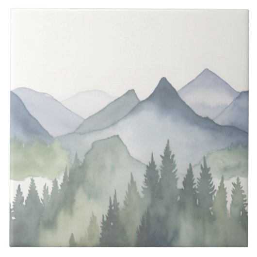 Carreau Paysage de montagne aquarelle Pins verts (Devant)