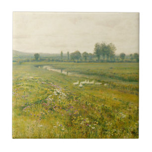 Carreau Paysage de prairie étendu avec oies