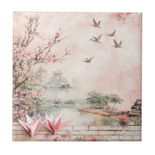 Carreau Paysage de sérénité aux fleurs de cerisier roses (