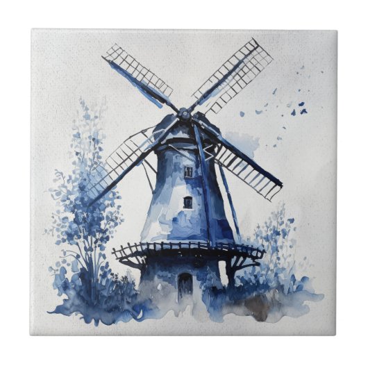 Carreau Paysage de style Delft bleu et blanc avec moulin à (Devant)