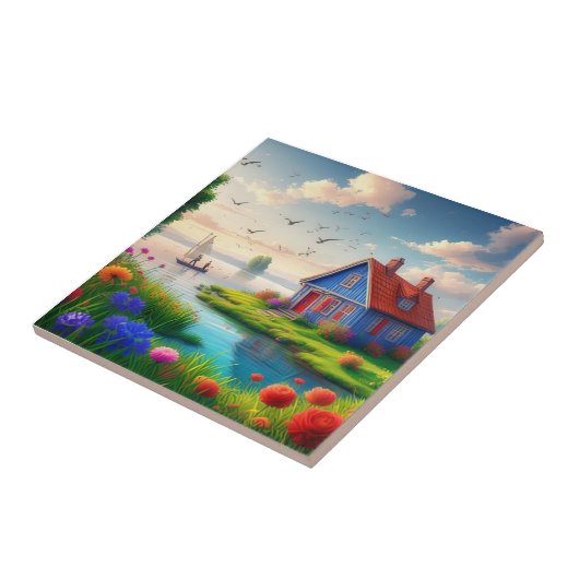 Carreau Paysage naturel avec chalet et lac,-434567 (Côté)