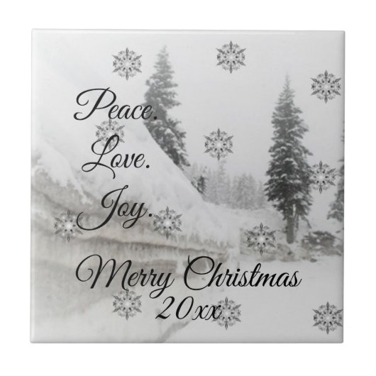 Carreau Peace Love Joy | Noir et blanc Snowfall Noël (Devant)