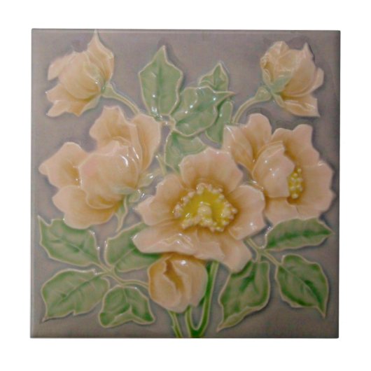 Carreau Peachy Floral Majolica Faux Relief c1900 Repro (Devant)